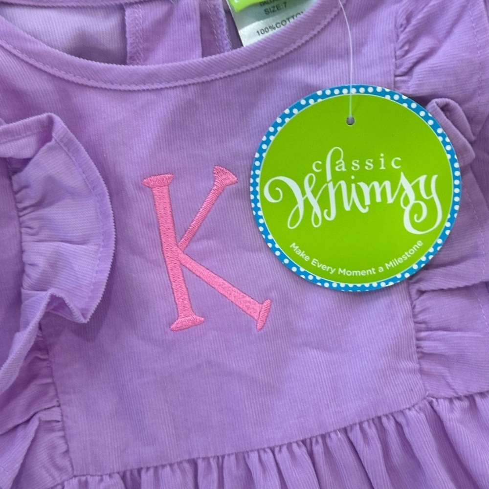 Girls Lilac Purple Smocked Ruffle-Trim Long Sleeve Dress K Monogram Embroidered - Picture 5 of 10